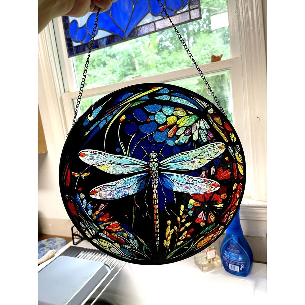 NEW Dragonfly Suncatcher Stained Glass Indoor Window Decor Hanging Gift 12x12
